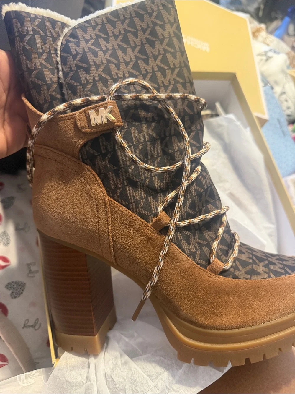 Michael Kors Brown Suede Logo Lace-Up Block Heel Boot